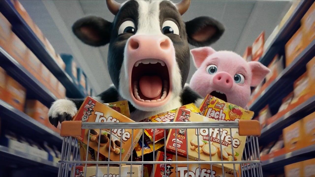 Animated cow and pig in a supermarket, from the Storck × Schleich campaign