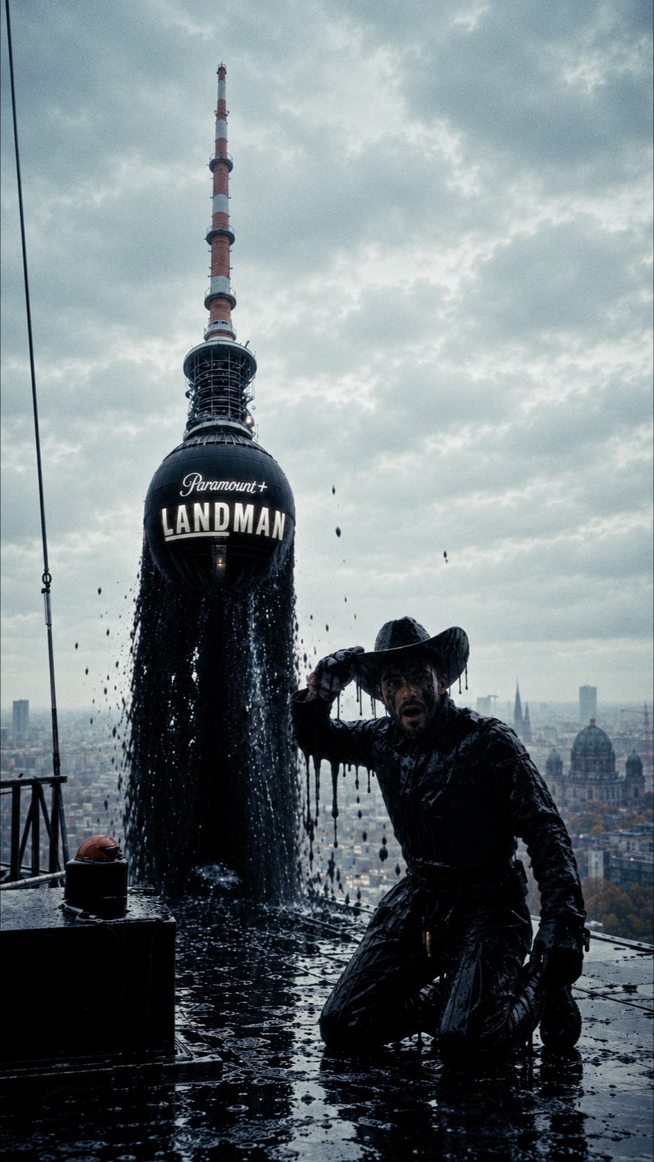 Paramount+ Landman campaign: oil pours from Berlin’s TV tower beside a man in an oil-covered cowboy hat.